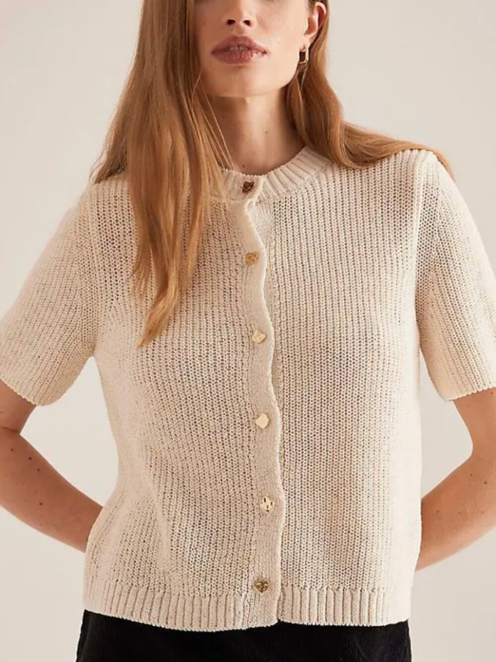 Maeve Cream Knit Short Sleeve Cardigan Gold Button Front Parisian Chic Top M
